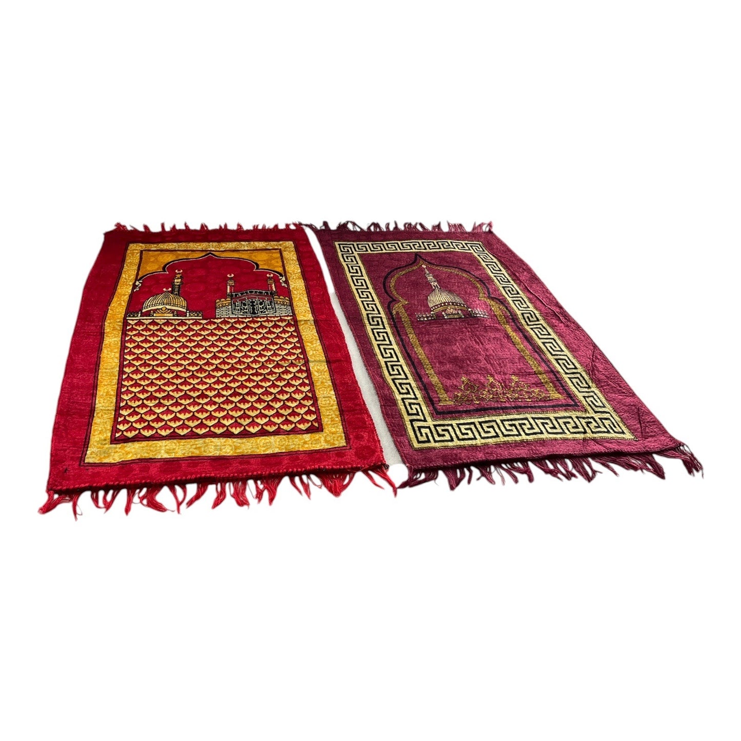 Set of 2 Vintage Polyester Prayer Rugs – Red & Gold Mosque Design with Fringed Edges
