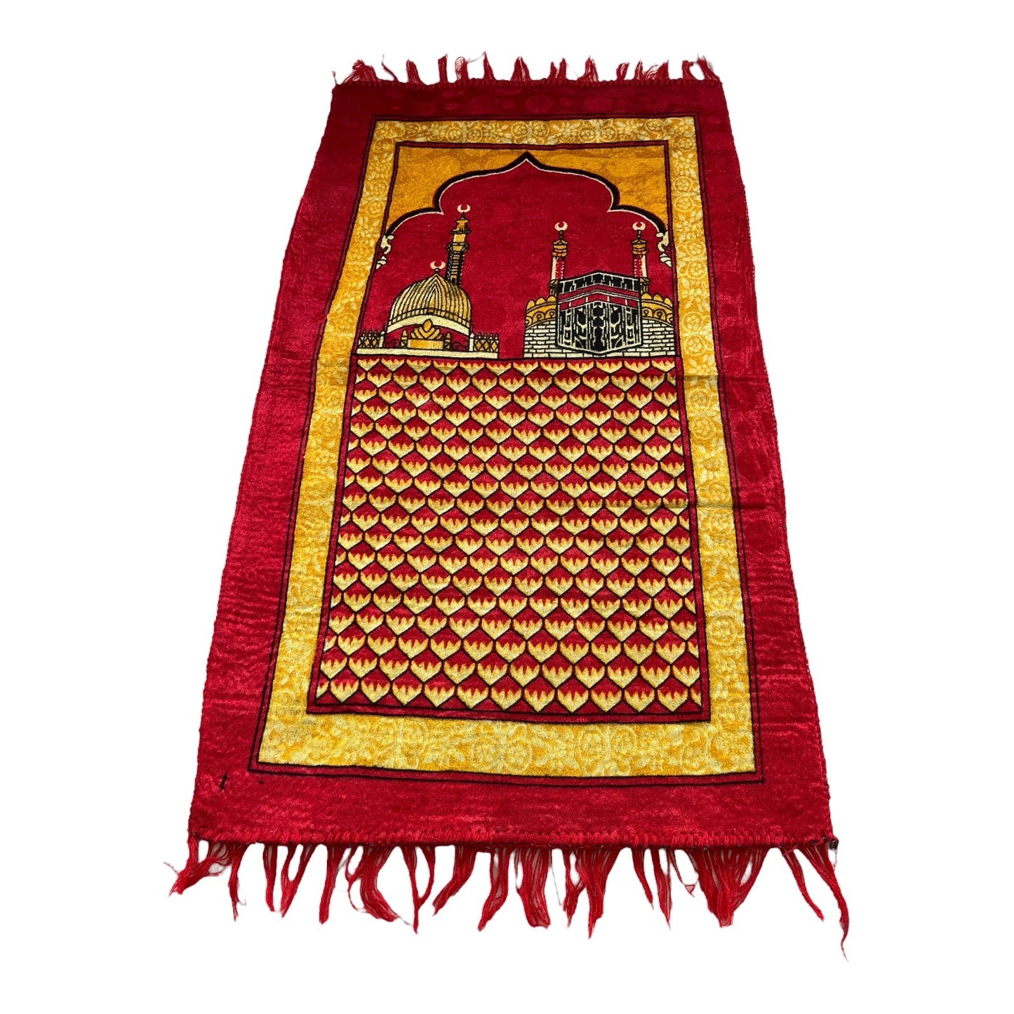 Set of 2 Vintage Polyester Prayer Rugs – Red & Gold Mosque Design with Fringed Edges