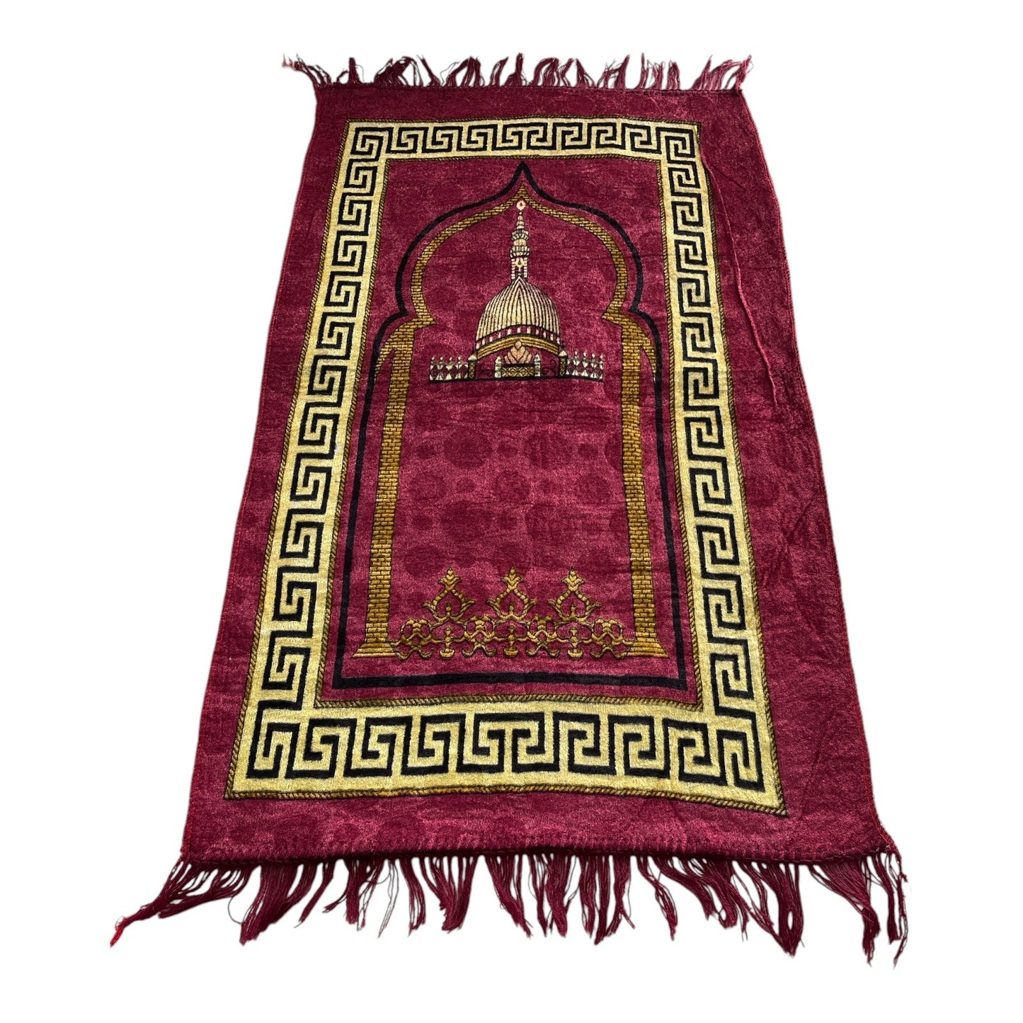 Set of 2 Vintage Polyester Prayer Rugs – Red & Gold Mosque Design with Fringed Edges
