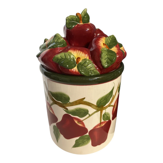 Apple-Themed Ceramic Cookie Jar With Lid & Rubber Seal 13" Tall x 7.5" Hand-Painted Red Apples