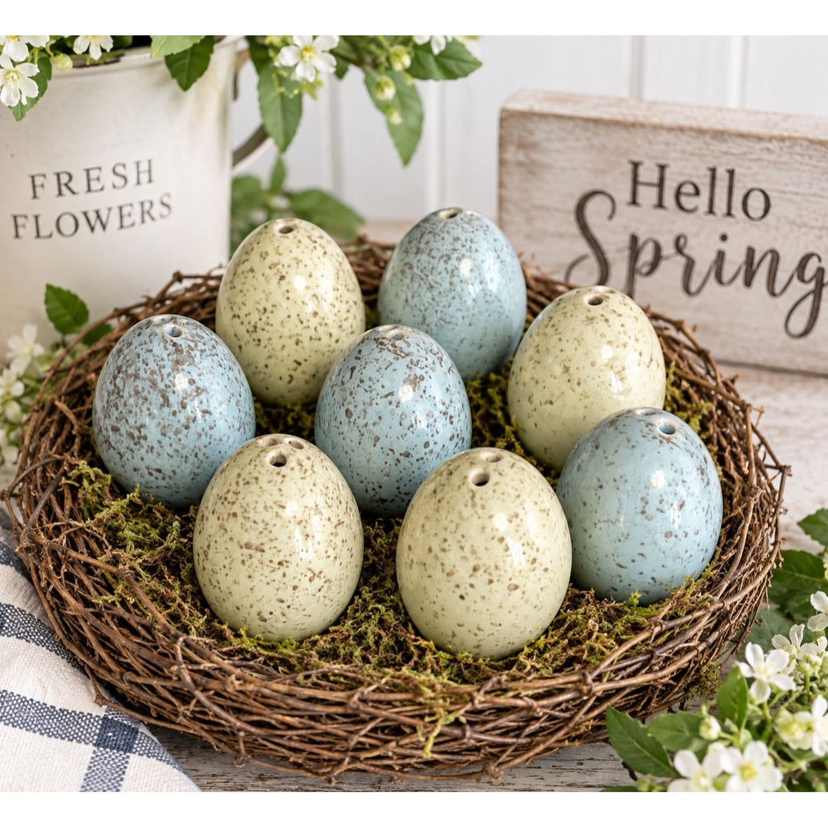 Set of 8 Ceramic Speckled Egg Salt & Pepper Shakers – Pastel Farmhouse Spring Easter Decor