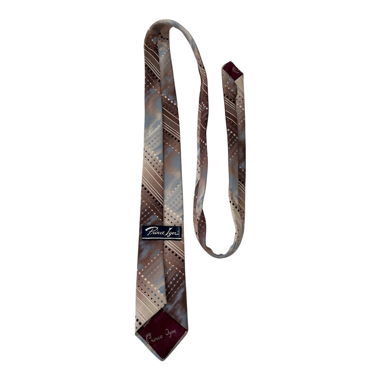 Vintage Prince Igor Men’s Tie – Brown Blue Striped Geometric Pattern