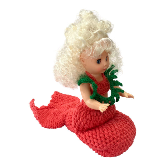 Vintage Blonde Doll with Crochet Mermaid Tail – Coral and Green Handmade Outfit – 10” Tall