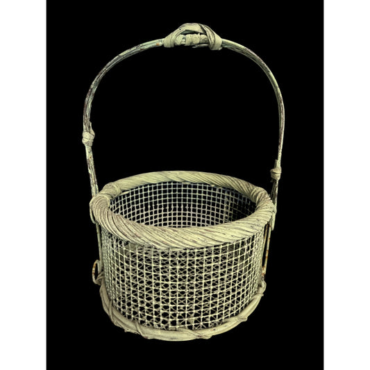 Vintage Wire and Wicker Basket with Handle – Rustic Farmhouse Decor – Round Mesh Utility Basket