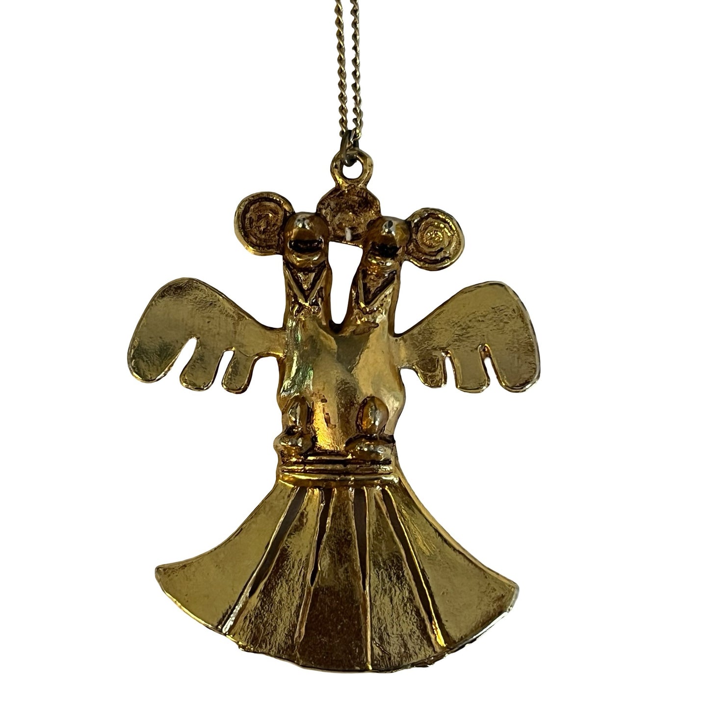 Vintage Gold Tone Double Bird Pendant Necklace Abstract Twin Head Figural Brutalist 23” Chain