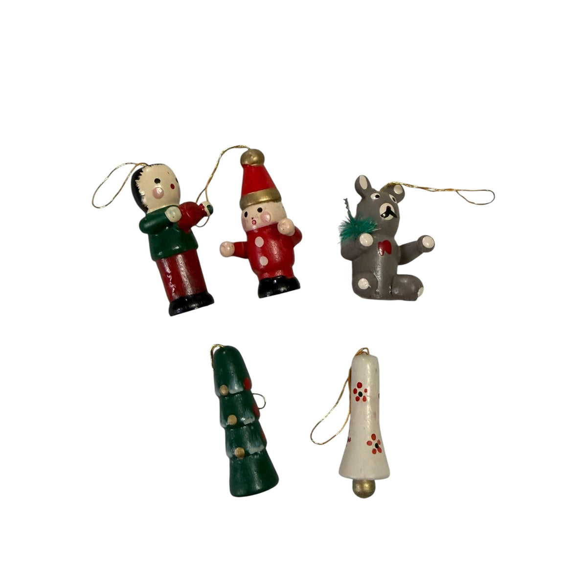 Vintage 1970s Miniature Hand Painted Wood Christmas Ornaments Lot of 5