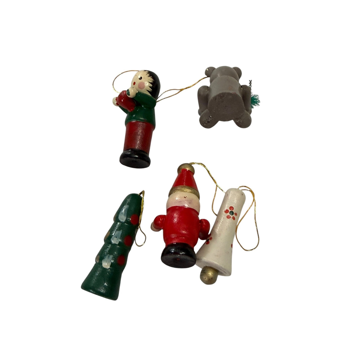 Vintage 1970s Miniature Hand Painted Wood Christmas Ornaments Lot of 5