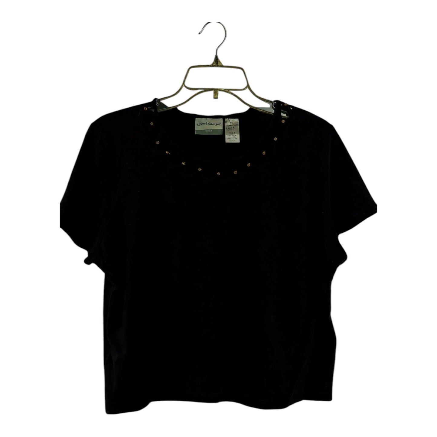 Alfred Dunner Petite XL Women’s Black Short Sleeve Top – Lattice Collar with Wooden Beads – Cotton Blend