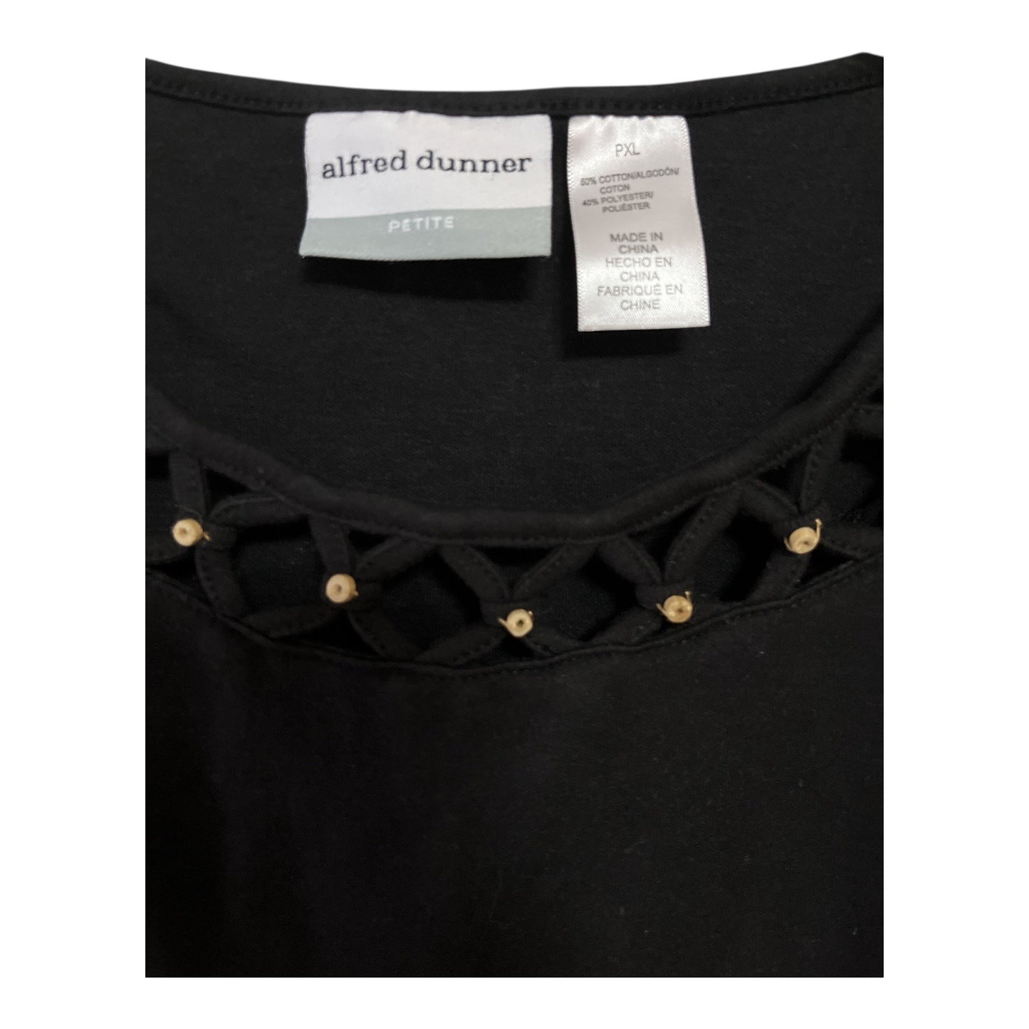 Alfred Dunner Petite XL Women’s Black Short Sleeve Top – Lattice Collar with Wooden Beads – Cotton Blend