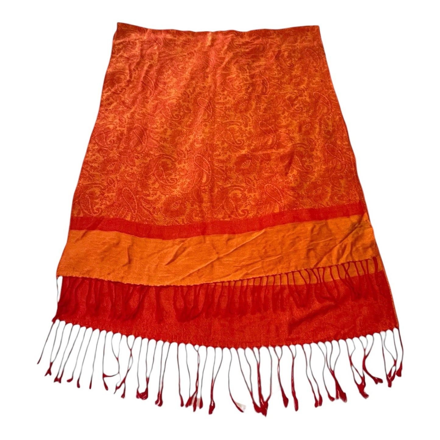 Pashmina Paisley Scarf Shawl Orange Red Fringe Wrap Mid 2000s Boho