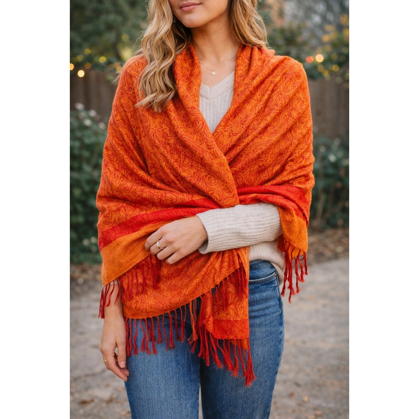 Pashmina Paisley Scarf Shawl Orange Red Fringe Wrap Mid 2000s Boho