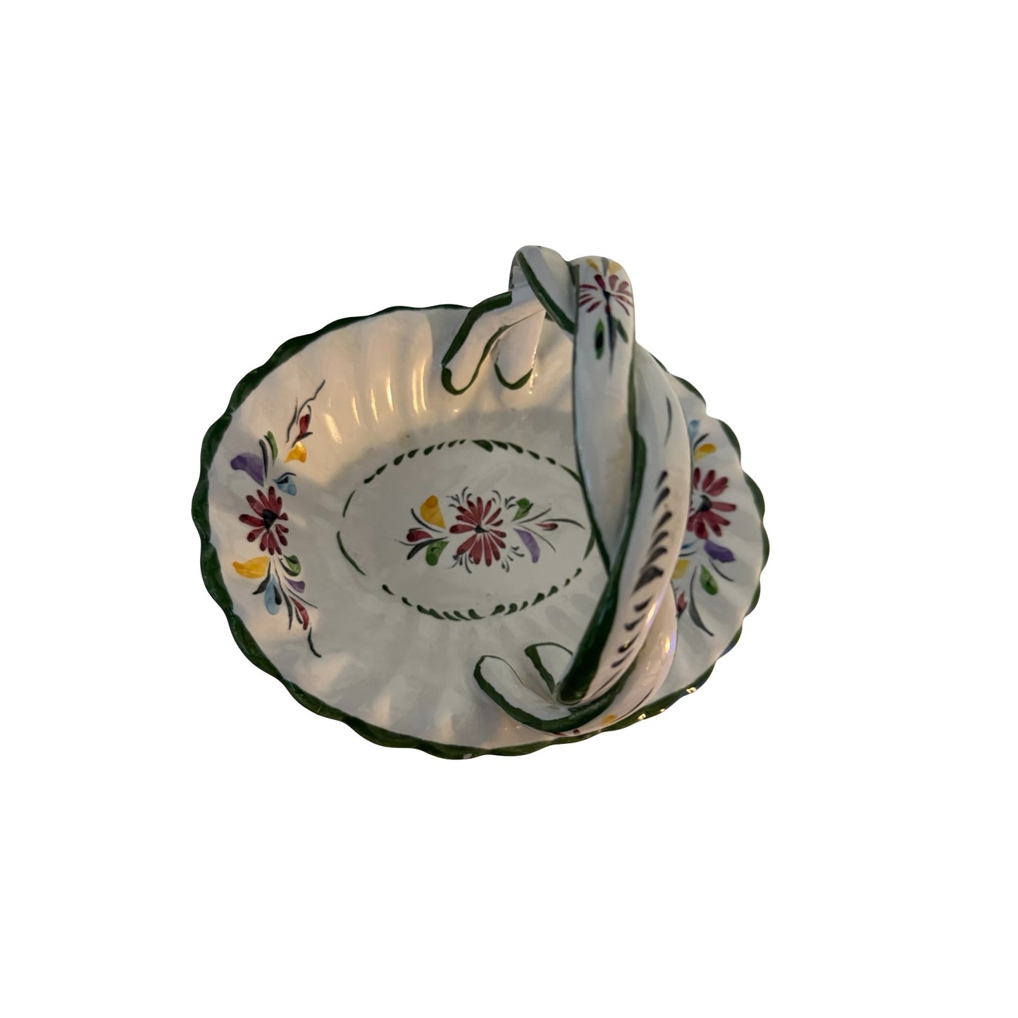 Vintage Portuguese Hand Painted Ceramic Basket Dish Floral Faience Pottery 7x5.5