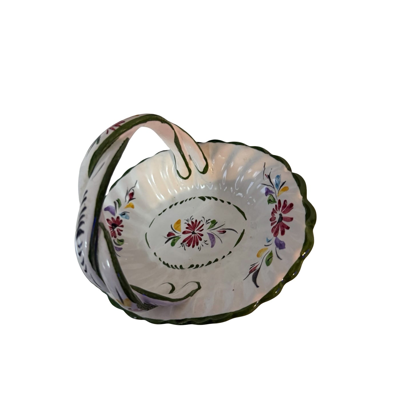 Vintage Portuguese Hand Painted Ceramic Basket Dish Floral Faience Pottery 7x5.5