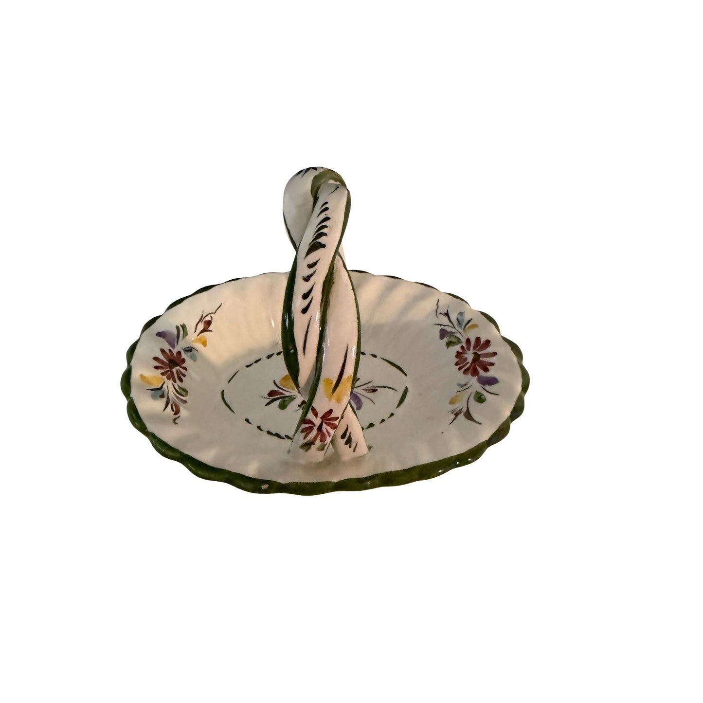 Vintage Portuguese Hand Painted Ceramic Basket Dish Floral Faience Pottery 7x5.5