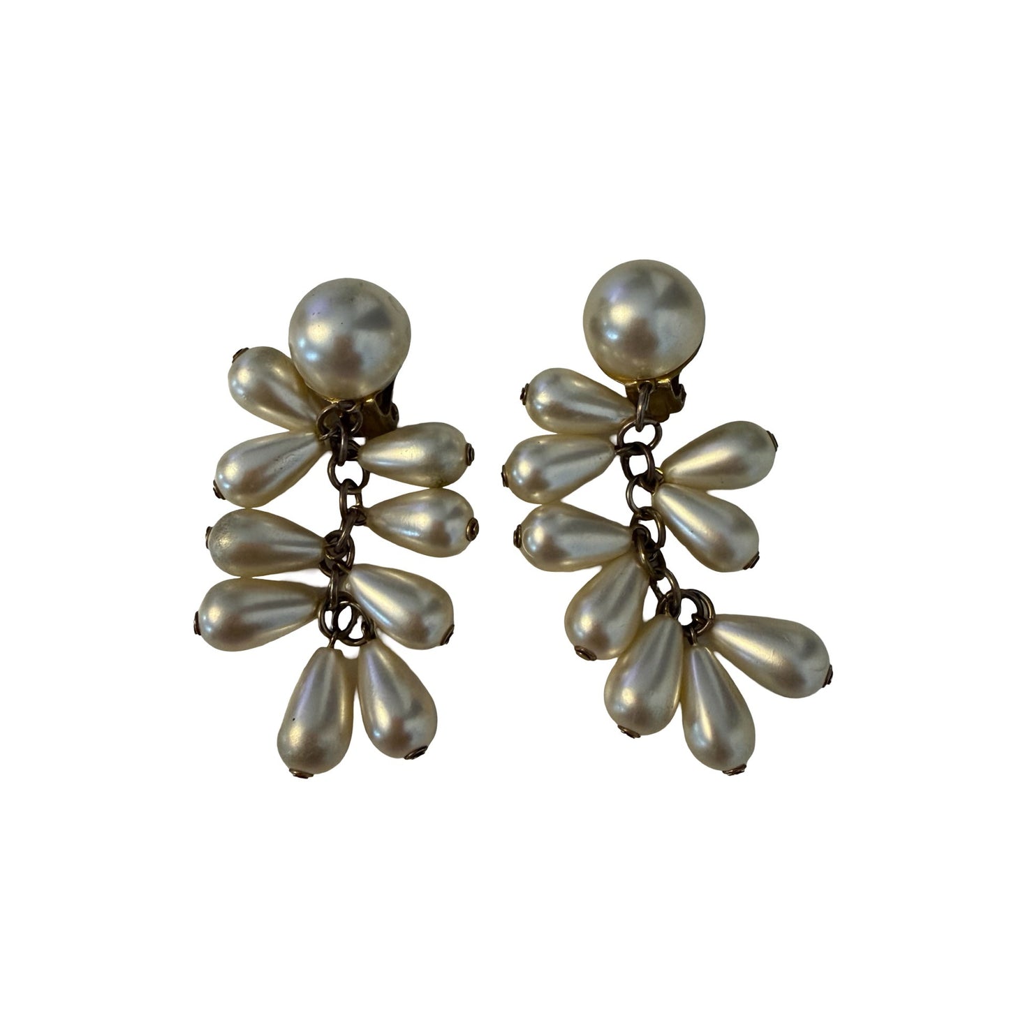 Vintage Faux Pearl Teardrop Dangle Clip On Earrings Mid Century Bridal Statement