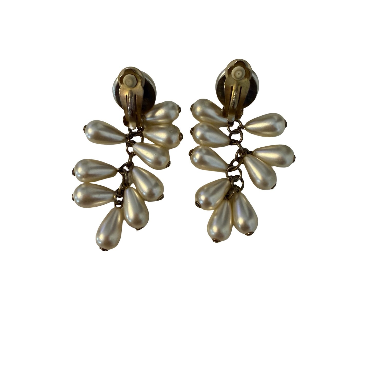 Vintage Faux Pearl Teardrop Dangle Clip On Earrings Mid Century Bridal Statement