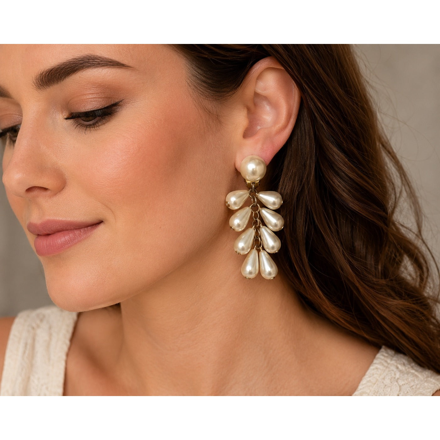 Vintage Faux Pearl Teardrop Dangle Clip On Earrings Mid Century Bridal Statement