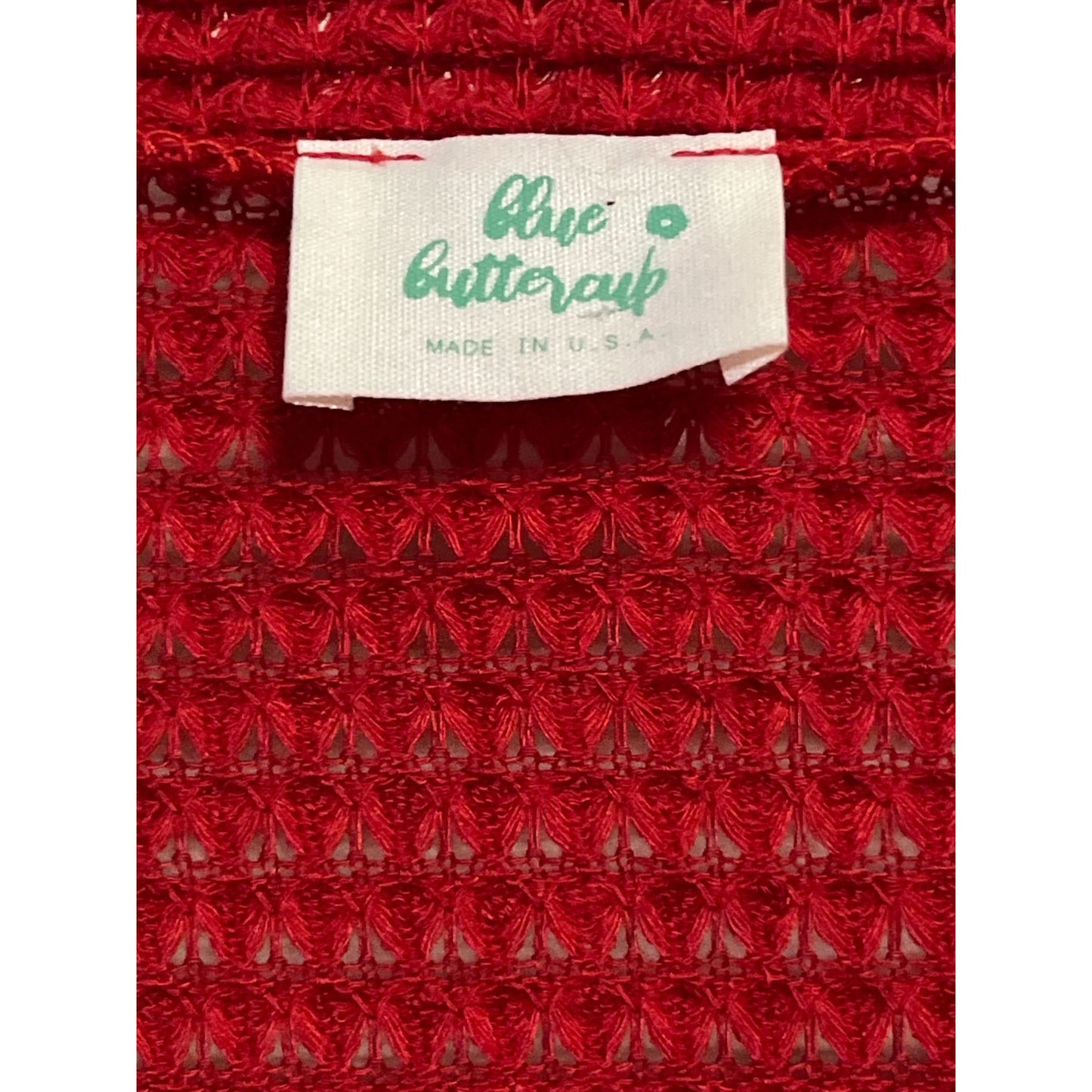 Vintage Blue Buttercup Red Crochet Knit Poncho Top Bell Sleeve USA Made M