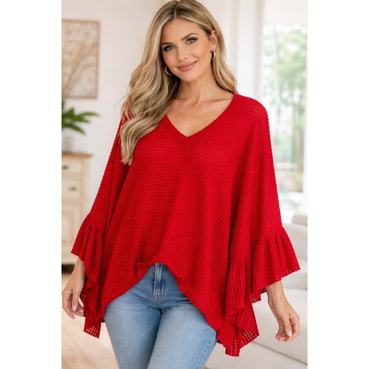 Vintage Blue Buttercup Red Crochet Knit Poncho Top Bell Sleeve USA Made M