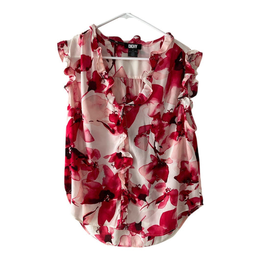 DKNY Red Floral Ruffle Sleeveless Blouse – Size XL