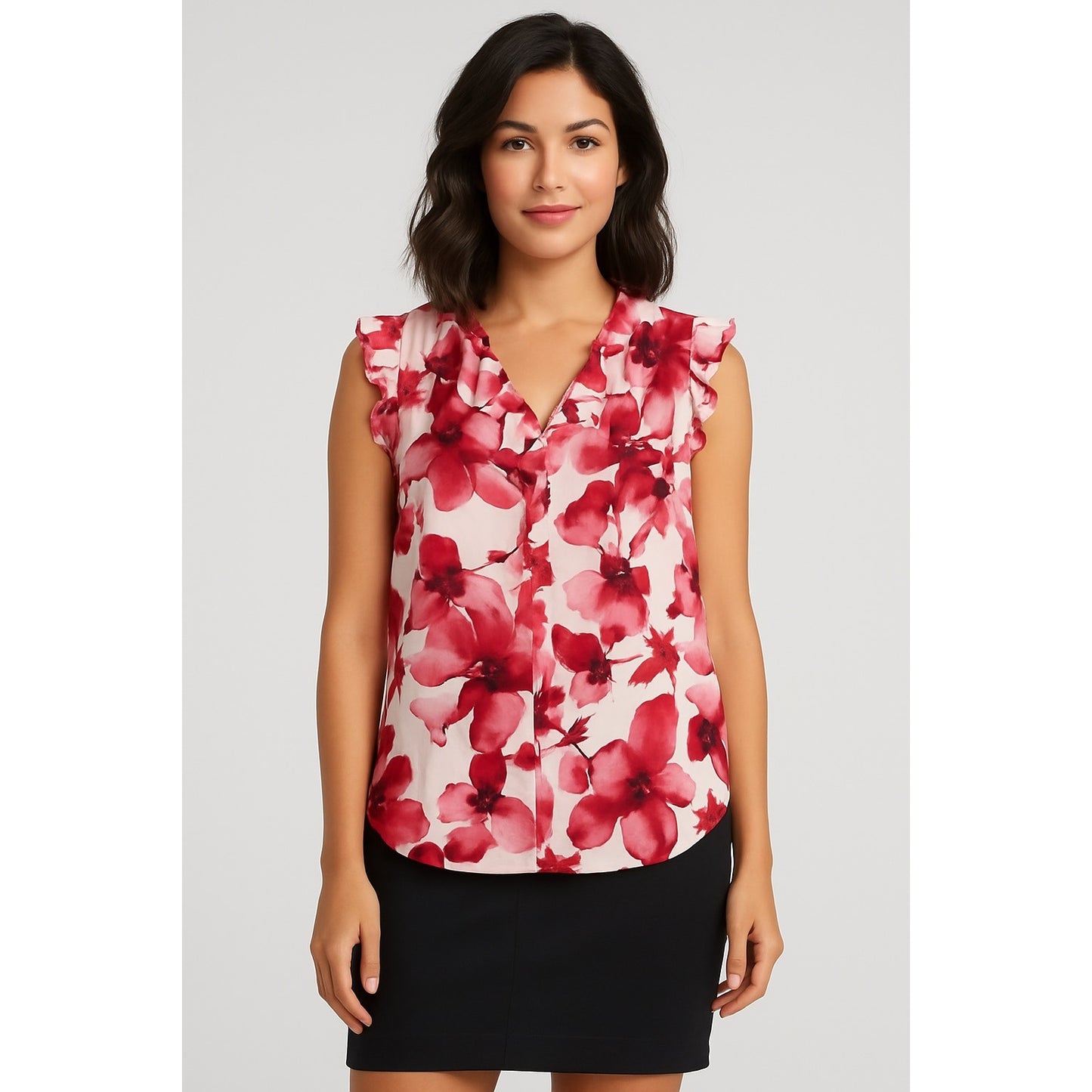 DKNY Red Floral Ruffle Sleeveless Blouse – Size XL