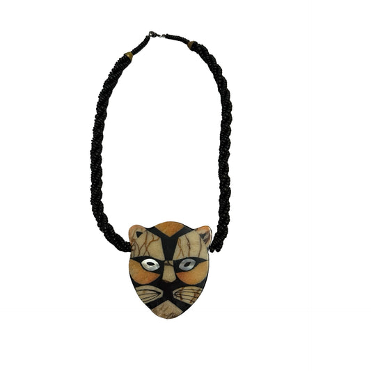 Vintage Cat Face Necklace Shell Inlay Mosaic Black Multi Strand Beads 18"