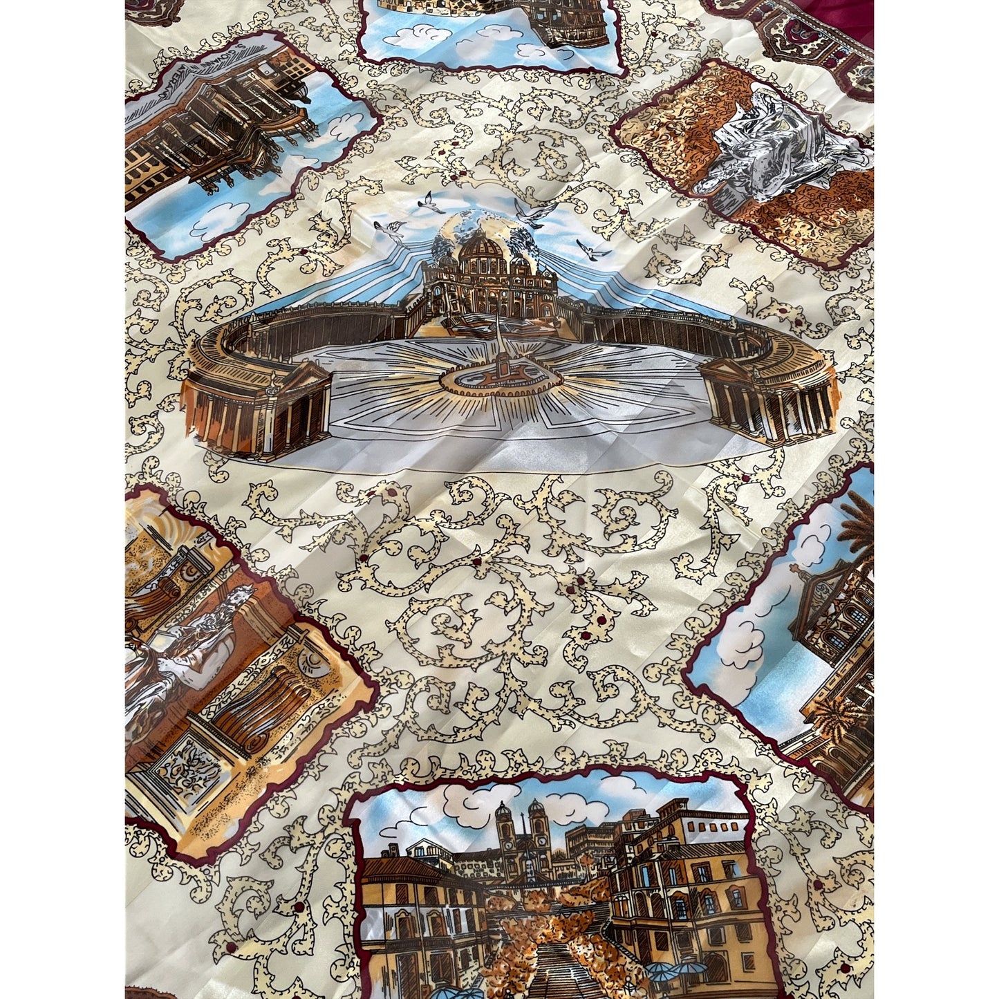 Vintage Rome Italy Souvenir Scarf 38” Square – Landmarks Print Colosseo Vatican Piazza di Spagna