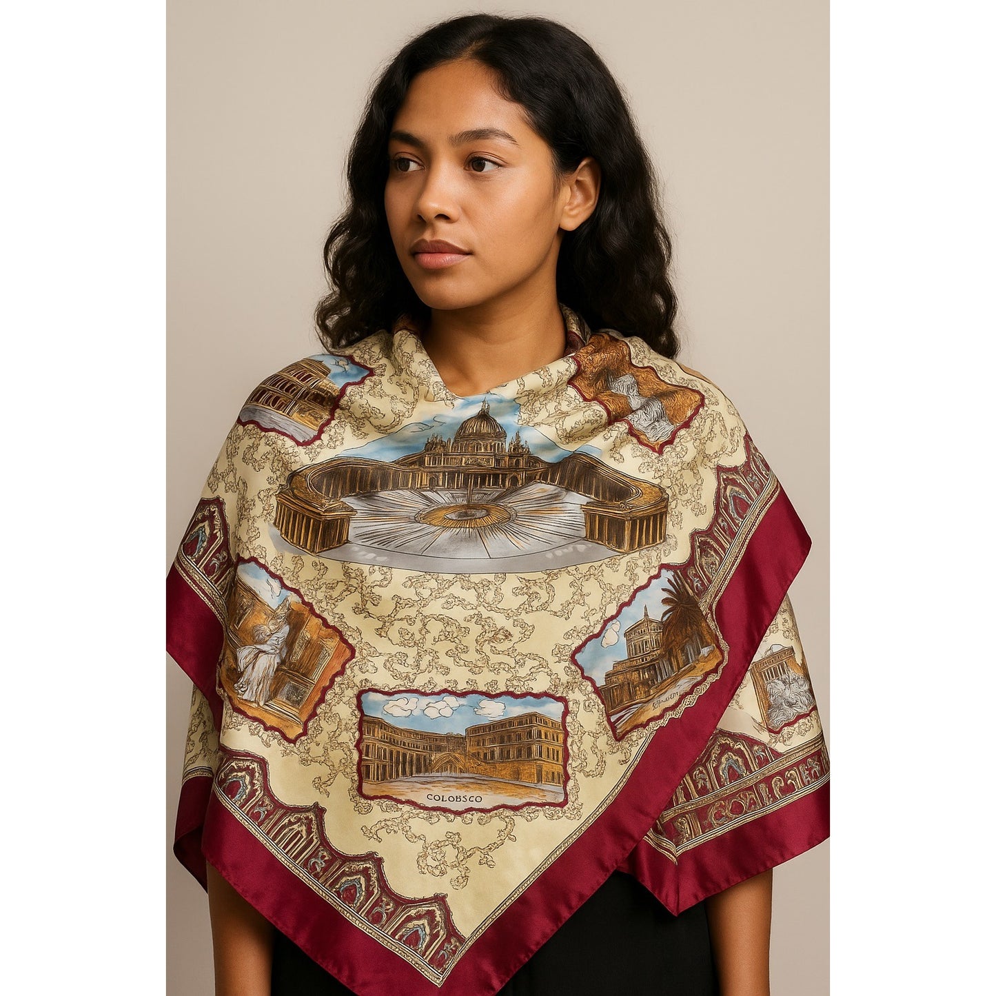 Vintage Rome Italy Souvenir Scarf 38” Square – Landmarks Print Colosseo Vatican Piazza di Spagna