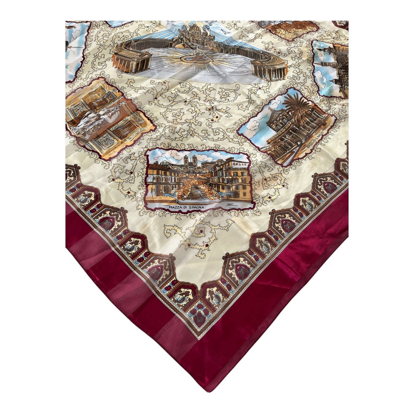 Vintage Rome Italy Souvenir Scarf 38” Square – Landmarks Print Colosseo Vatican Piazza di Spagna