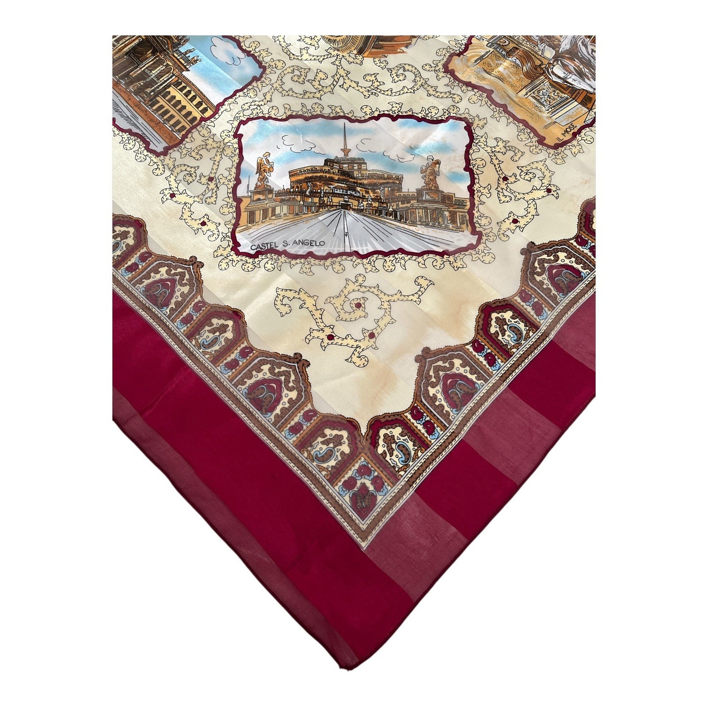 Vintage Rome Italy Souvenir Scarf 38” Square – Landmarks Print Colosseo Vatican Piazza di Spagna