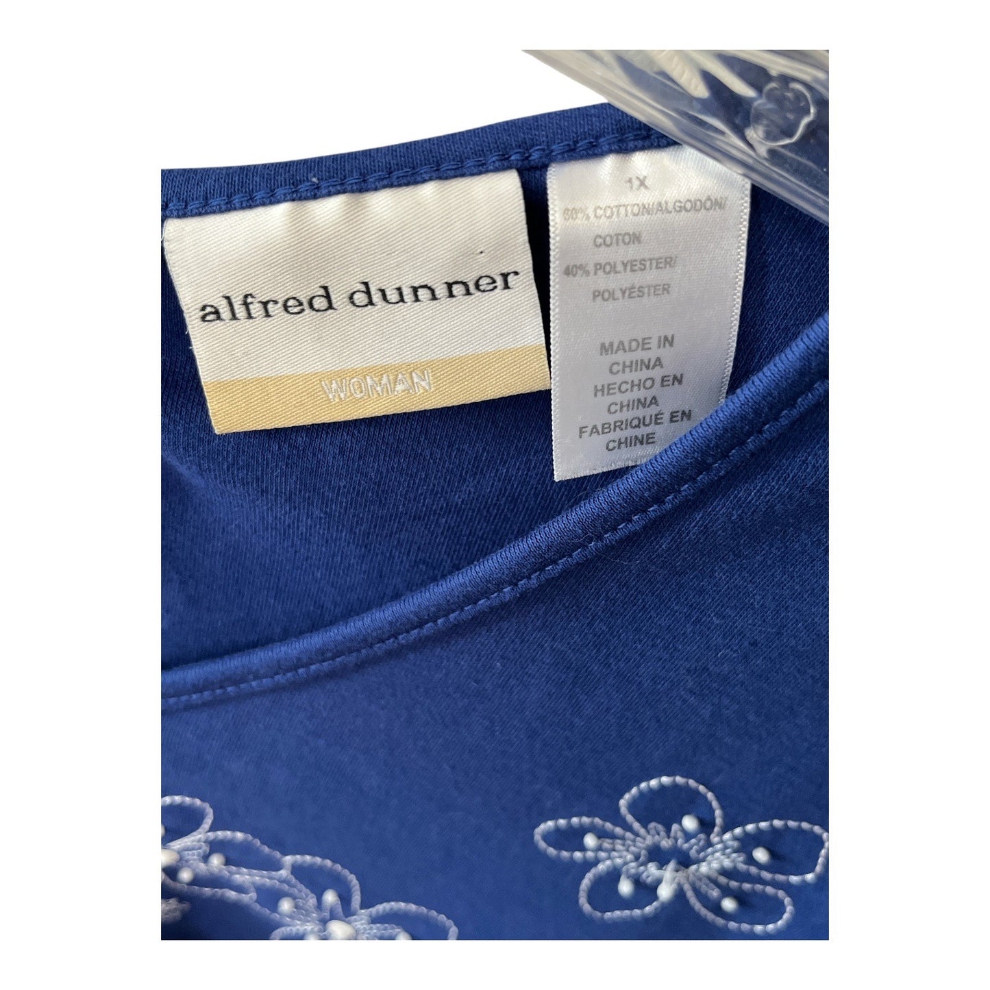 Alfred Dunner Women’s 1X Blue Embellished Tropical Short Sleeve Top
