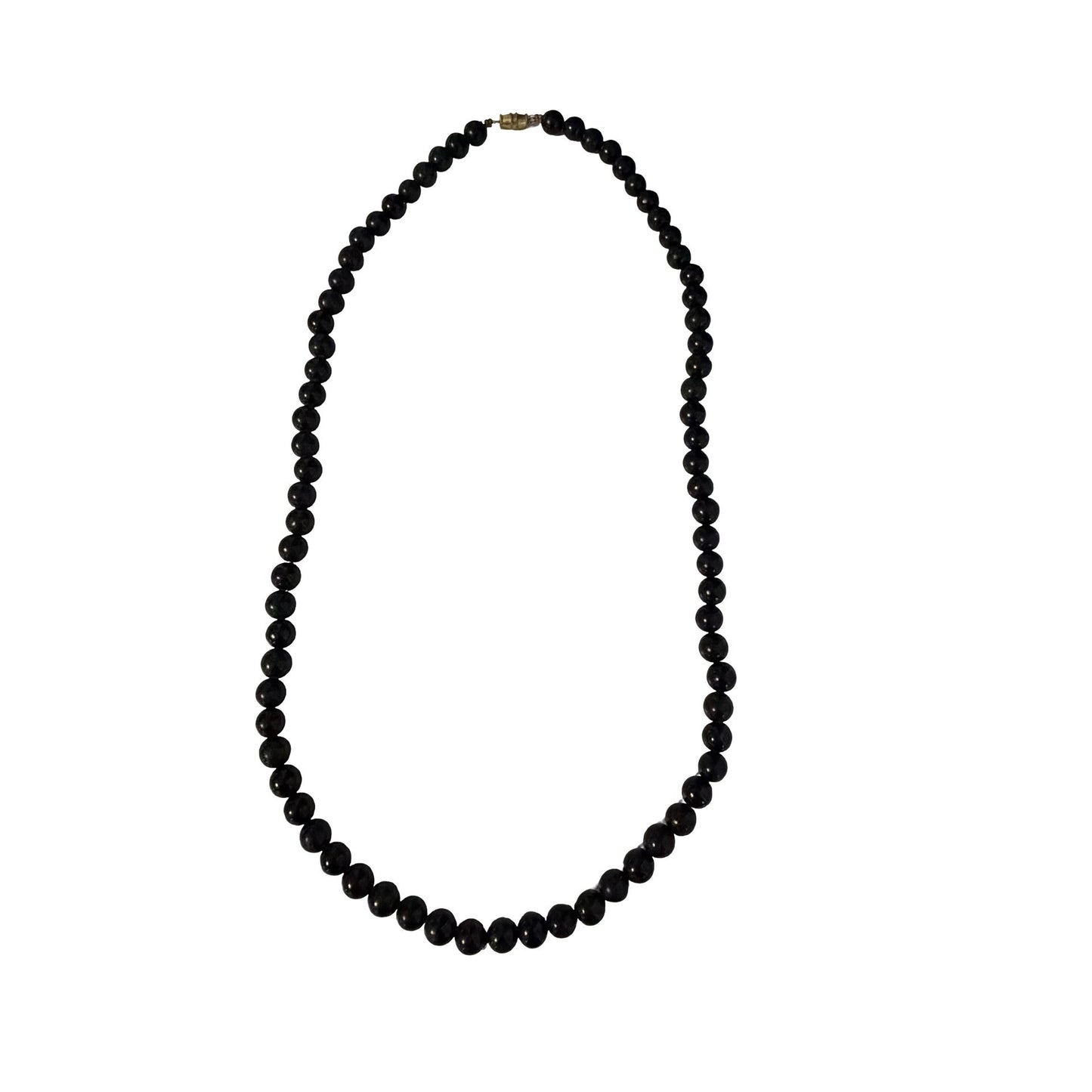 Vintage Black Stone Bead Necklace 22” Strand Matte Polished Beads Gold Tone Barrel Clasp