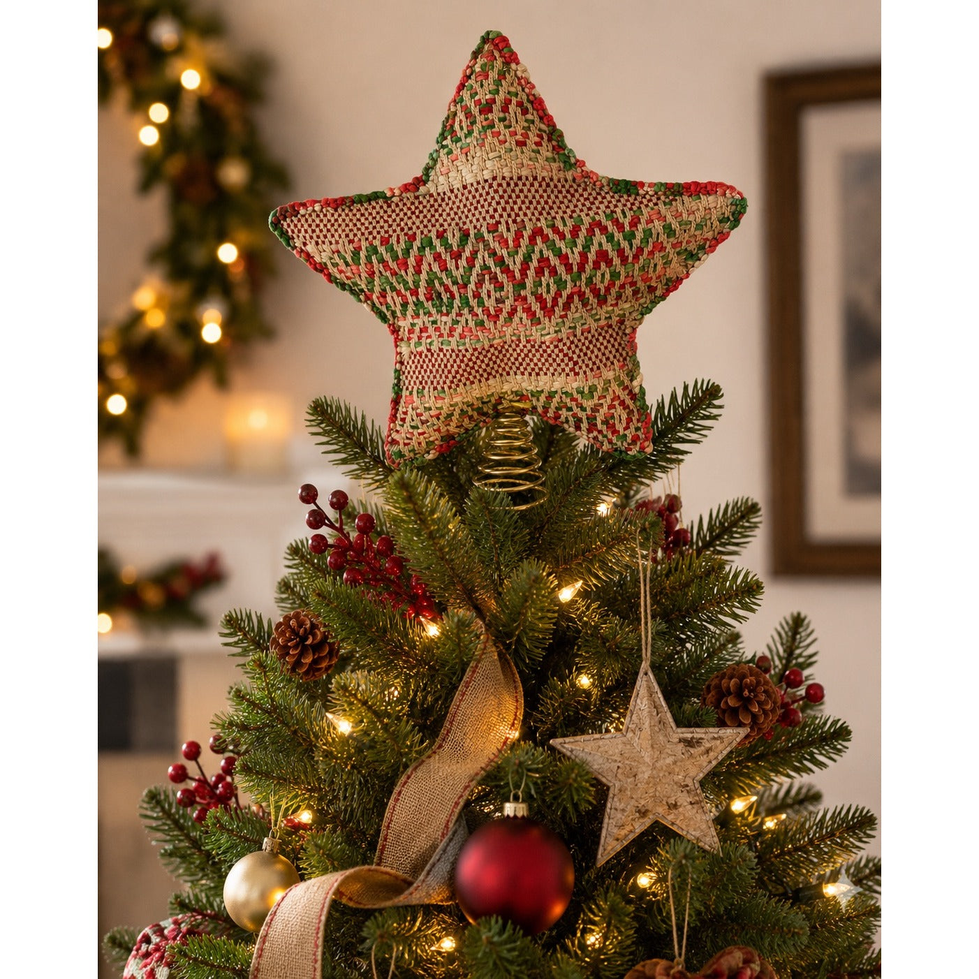 Vintage Handcrafted Christmas Star Tree Topper Woven Textile Handmade in India 13" x 12"