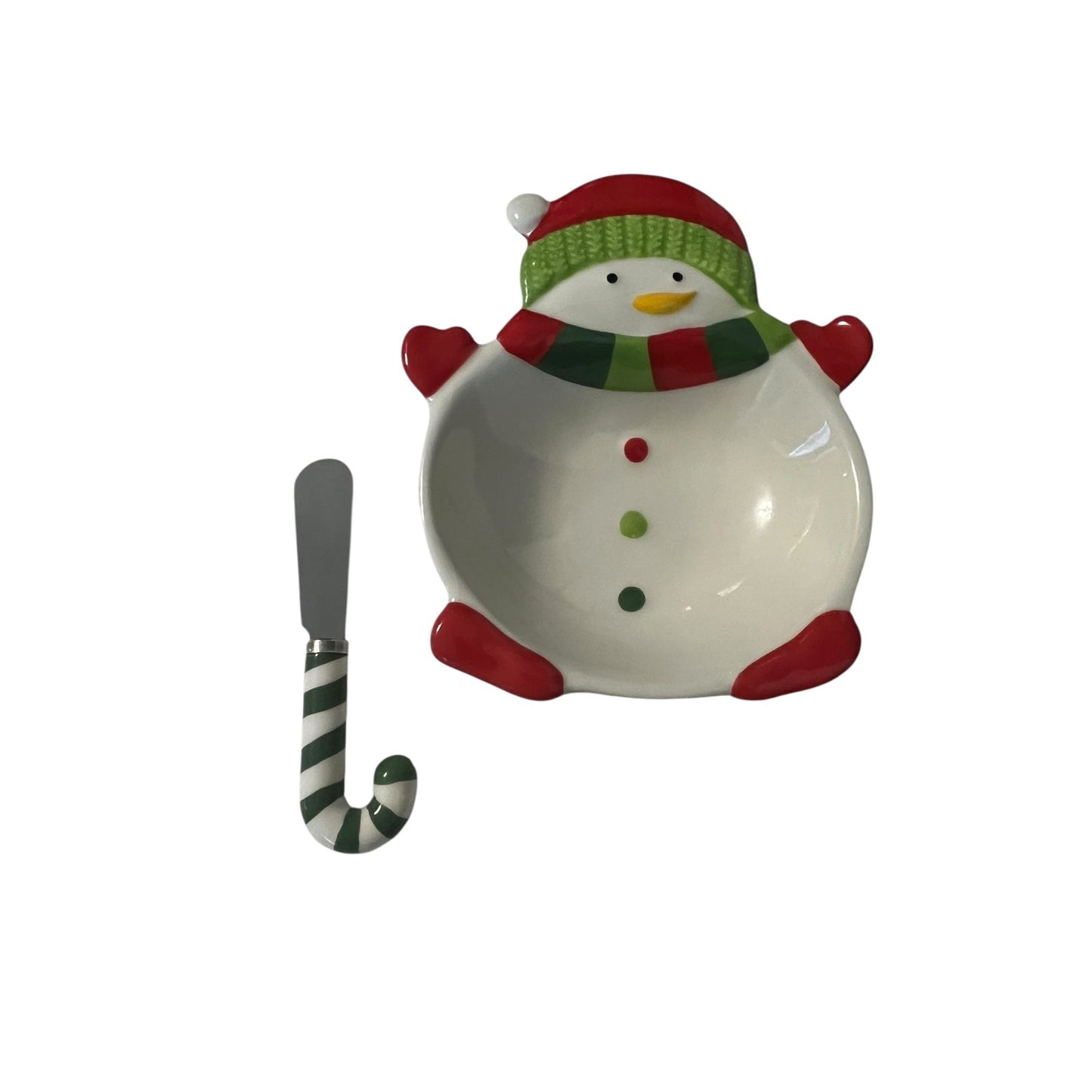 Cracker Barrel Snowman Cheese Dish w Spreader Merry Merry Christmas Candy Cane Knife