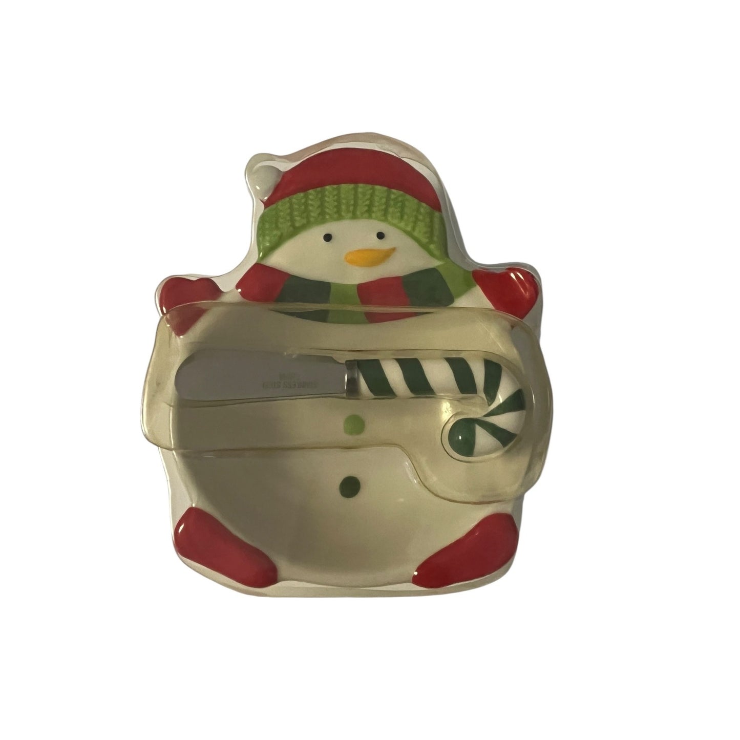 Cracker Barrel Snowman Cheese Dish w Spreader Merry Merry Christmas Candy Cane Knife