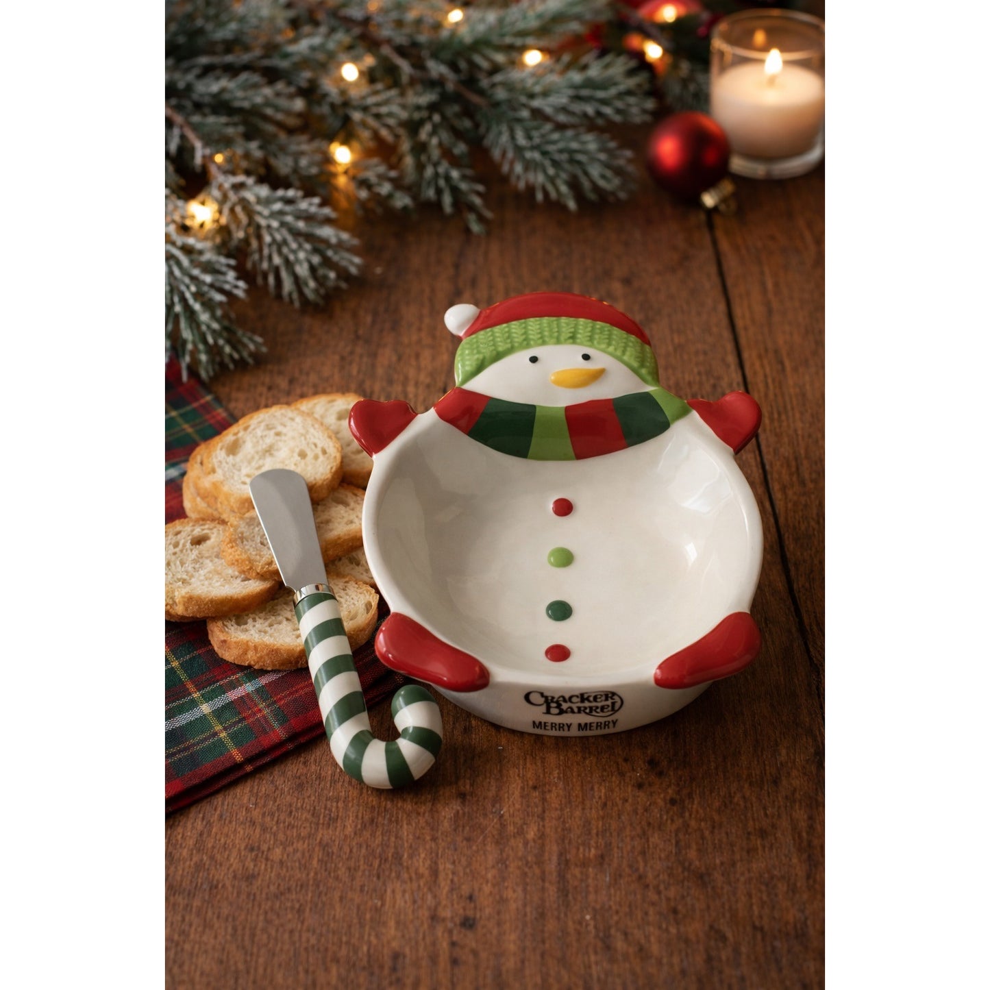 Cracker Barrel Snowman Cheese Dish w Spreader Merry Merry Christmas Candy Cane Knife
