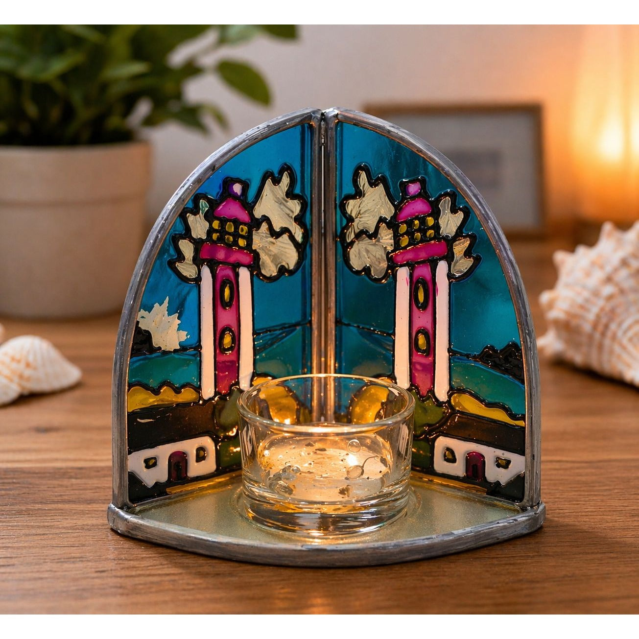 Scott’s Lighthouse Candle Screen Stained Glass Style Tealight Holder 3 Inch Boxed