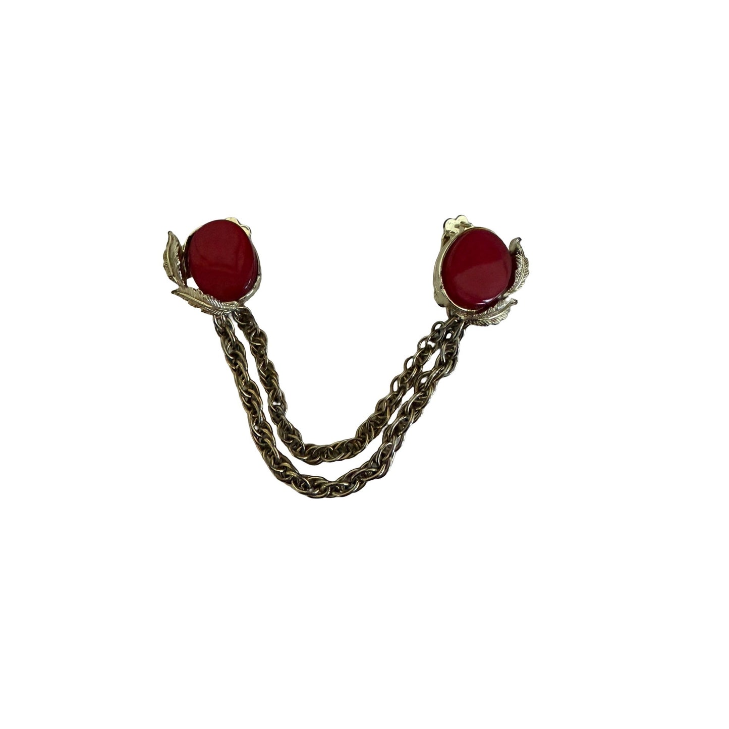 Vintage Red Cabochon Sweater Guard Double Chain Gold Tone Cardigan Clip