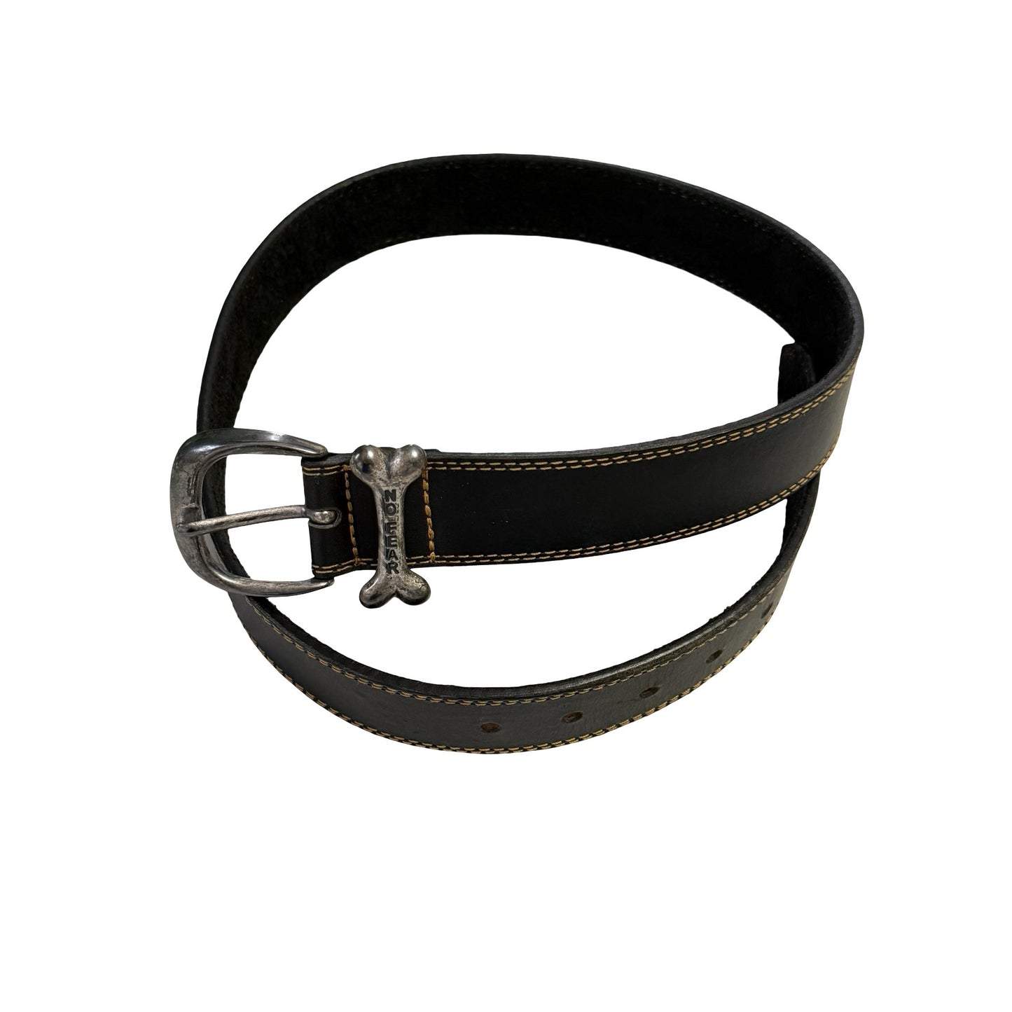 Vintage 1990s No Fear Black Leather Belt Size 32 Bone Logo Suede Lined Y2K