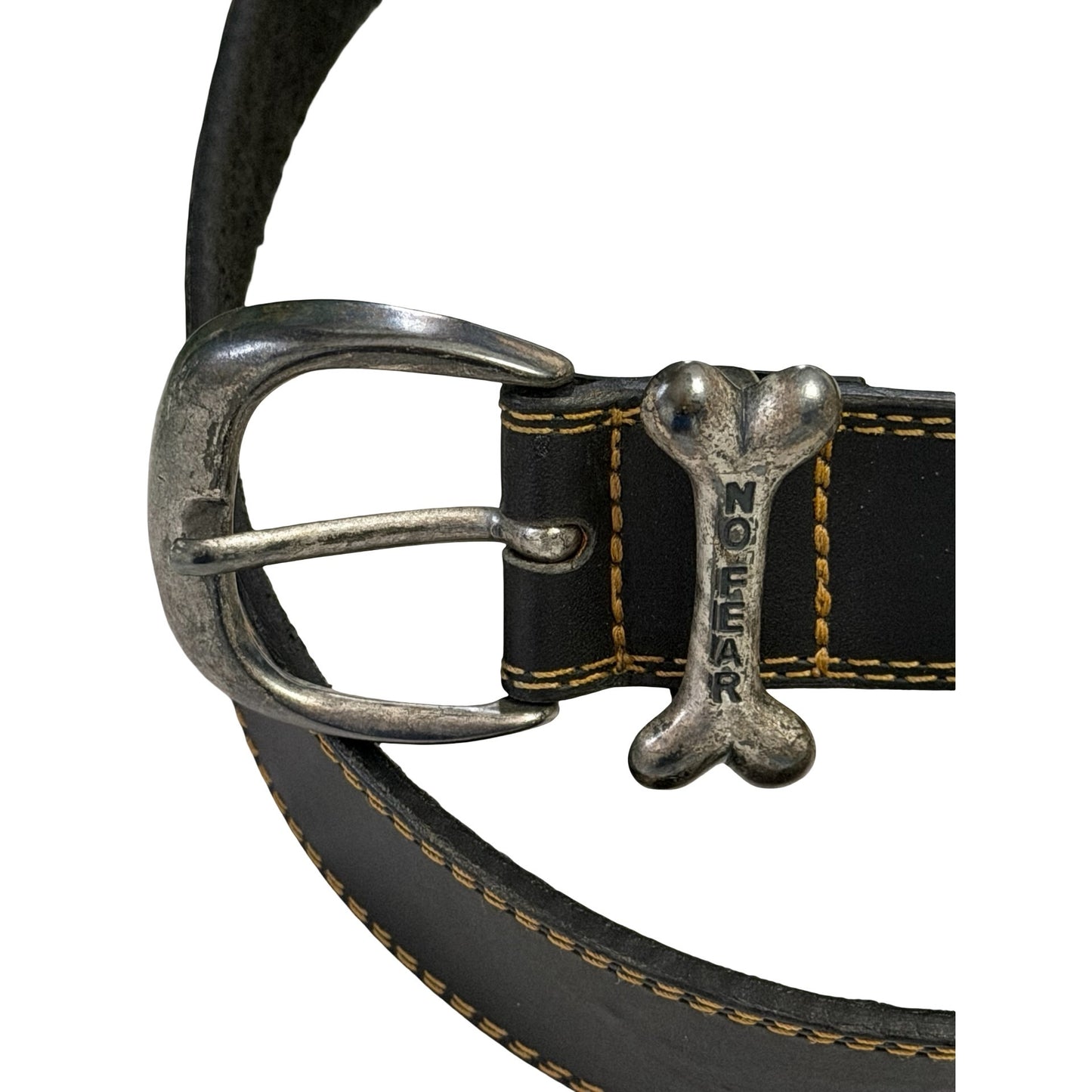 Vintage 1990s No Fear Black Leather Belt Size 32 Bone Logo Suede Lined Y2K