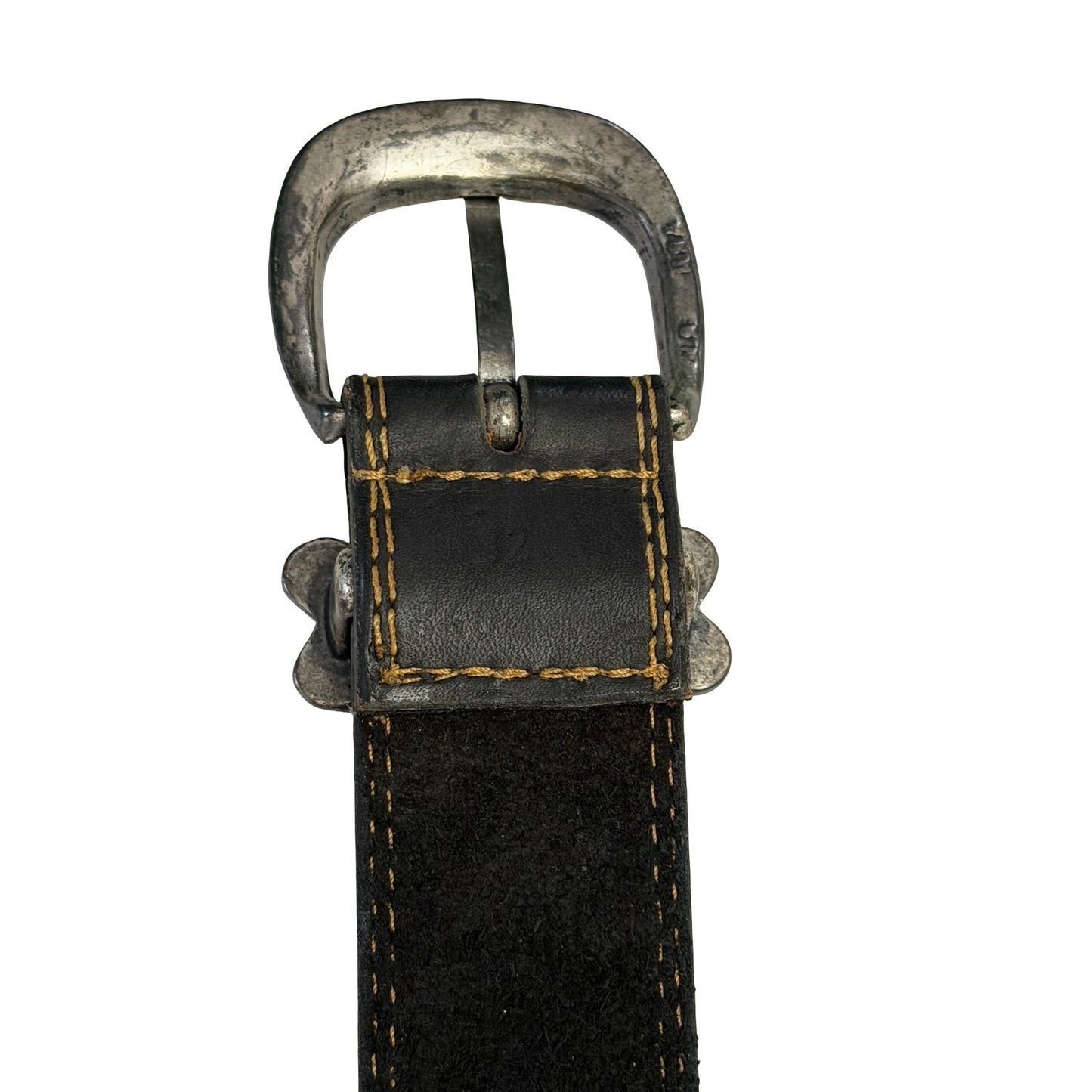 Vintage 1990s No Fear Black Leather Belt Size 32 Bone Logo Suede Lined Y2K