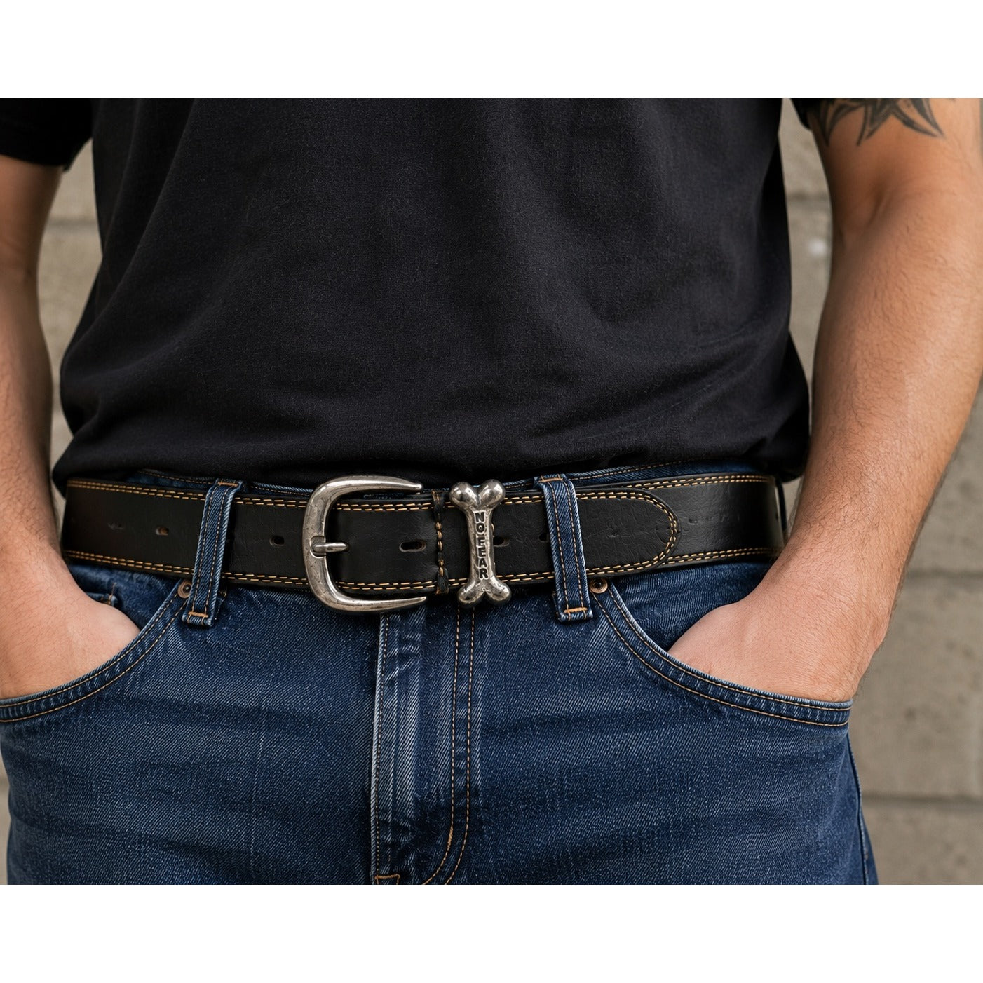 Vintage 1990s No Fear Black Leather Belt Size 32 Bone Logo Suede Lined Y2K