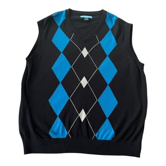 Vtg PGA Tour Men’s XXL Argyle Sweater Vest – Black Blue Diamond Pullover Golf Knit 48x29