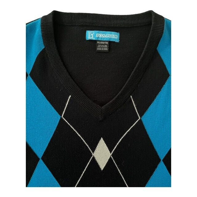 Vtg PGA Tour Men’s XXL Argyle Sweater Vest – Black Blue Diamond Pullover Golf Knit 48x29