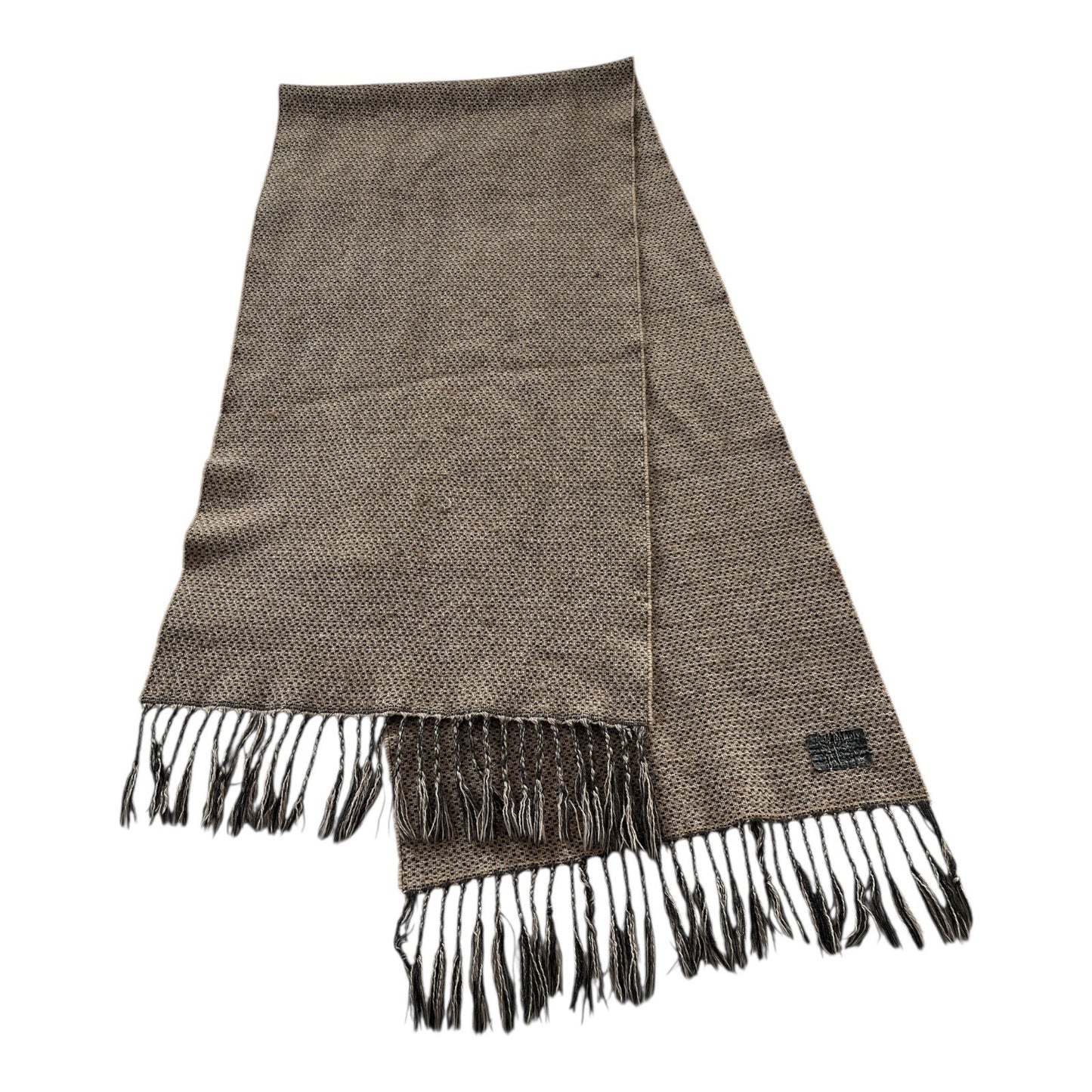 Vintage Made in Italy Wool Scarf Brown Taupe Micro Weave Fringe