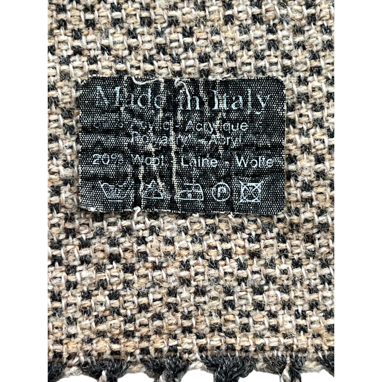 Vintage Made in Italy Wool Scarf Brown Taupe Micro Weave Fringe