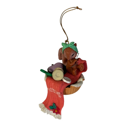 1996 Lustre Fame Christmas Ornament – Squirrel Knitting Scarf in Basket – “Merry Christmas”