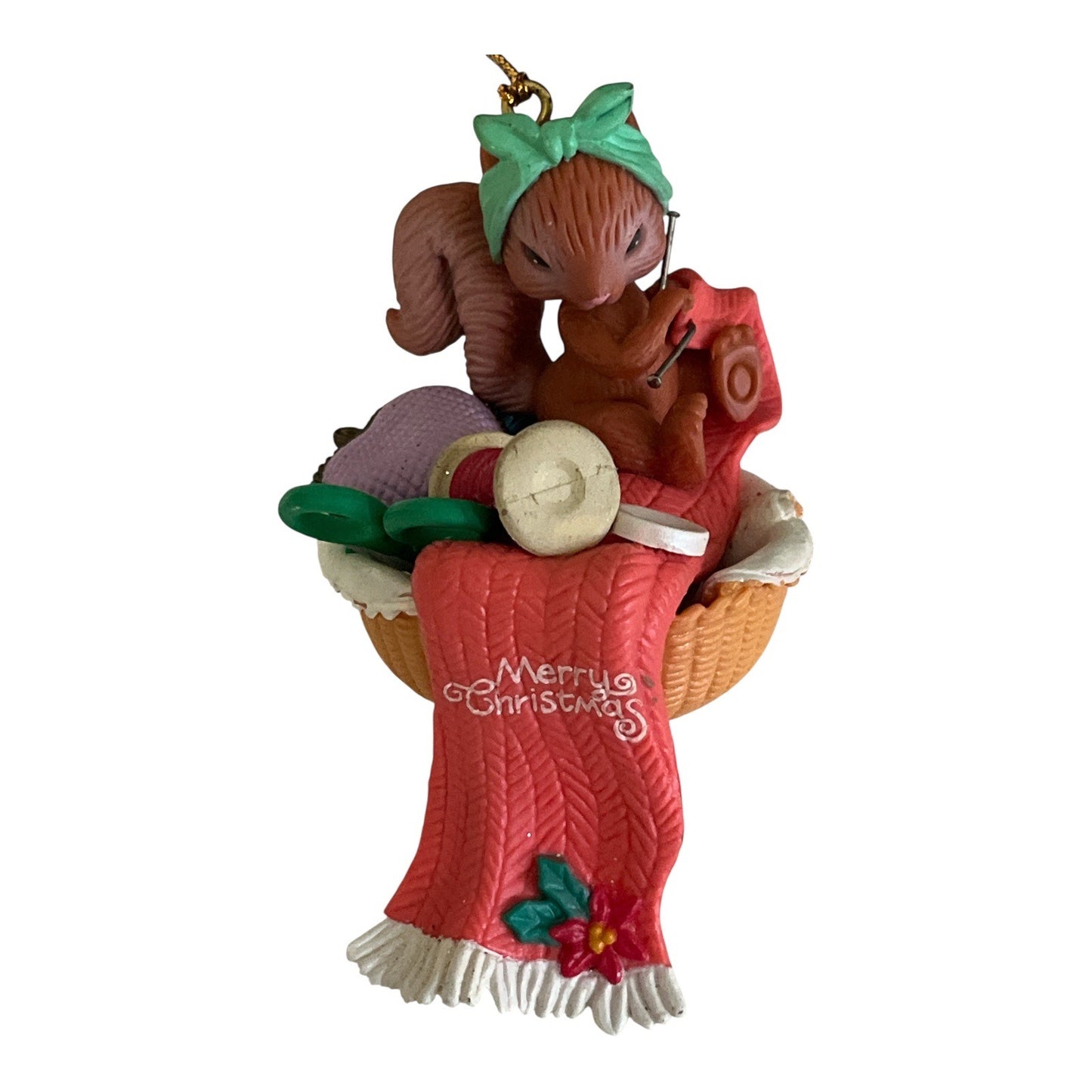 1996 Lustre Fame Christmas Ornament – Squirrel Knitting Scarf in Basket – “Merry Christmas”
