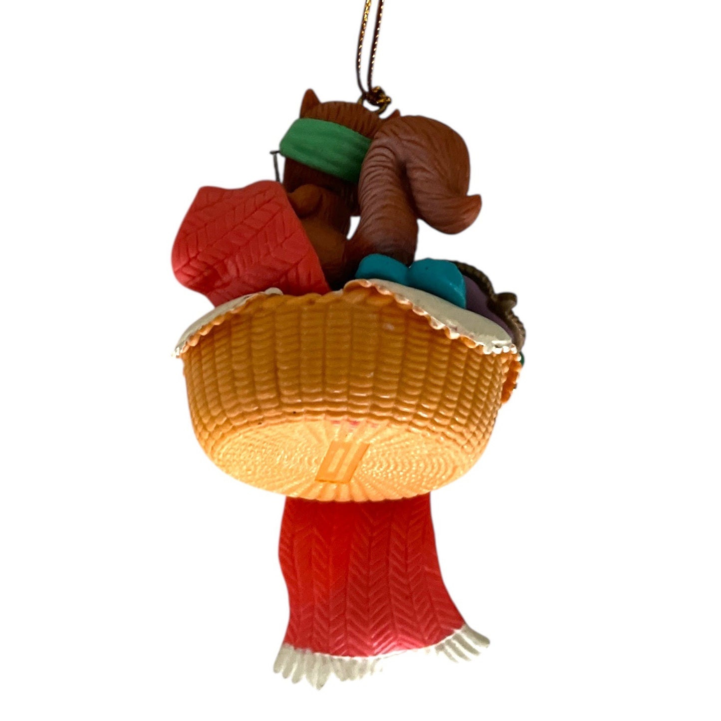 1996 Lustre Fame Christmas Ornament – Squirrel Knitting Scarf in Basket – “Merry Christmas”
