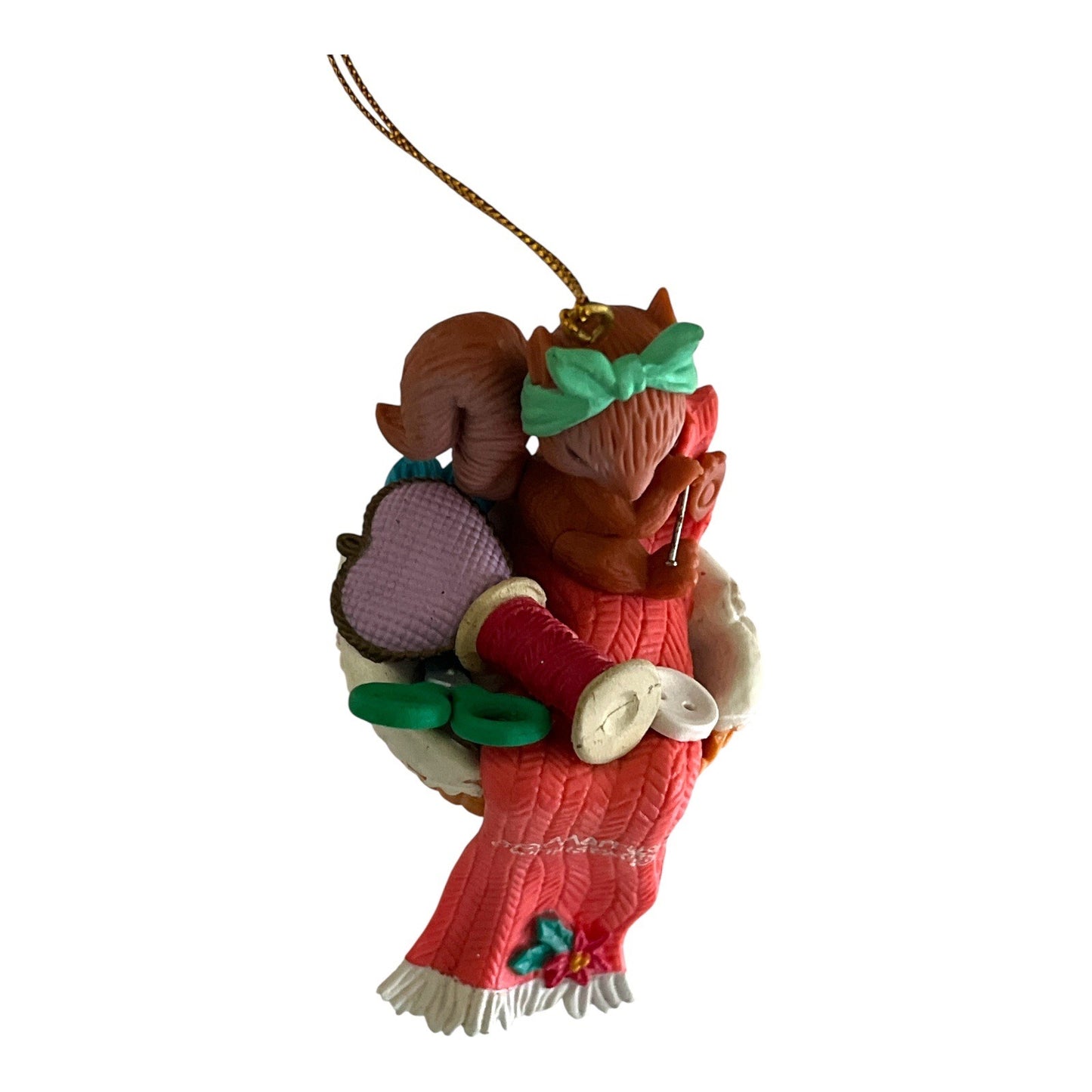 1996 Lustre Fame Christmas Ornament – Squirrel Knitting Scarf in Basket – “Merry Christmas”